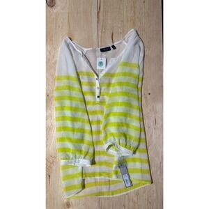Apt 9 Womens Large Neon Yellow White Striped 3/4 Sleeve Pleat Front Blouse NWT